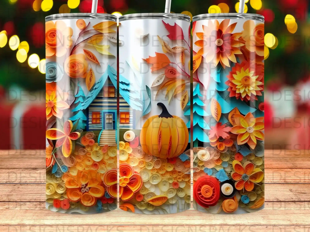 Three tumblers with a cozy autumn house and floral paper craft design.