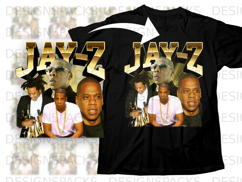 Jay-Z t-shirt with collage of rapper's photos and gold chains.