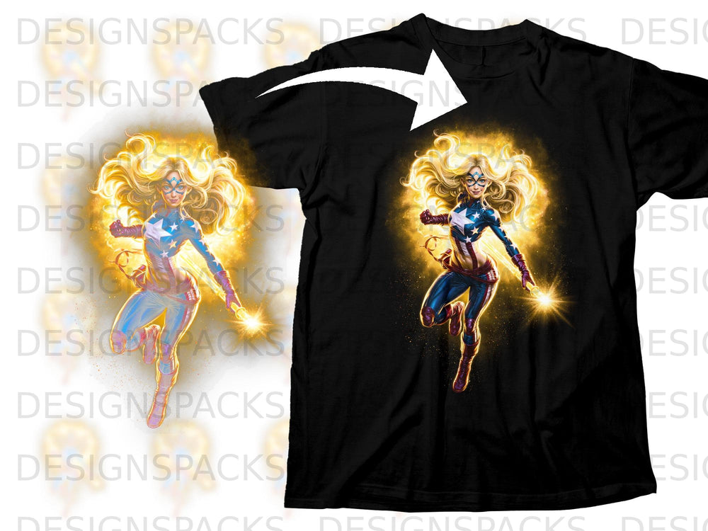 Black t-shirt with a female superhero with blonde hair, star-spangled suit, and glowing energy.