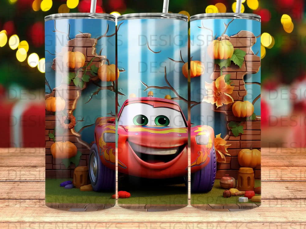 Lightning McQueen character on a tumbler with pumpkins and fall decorations.