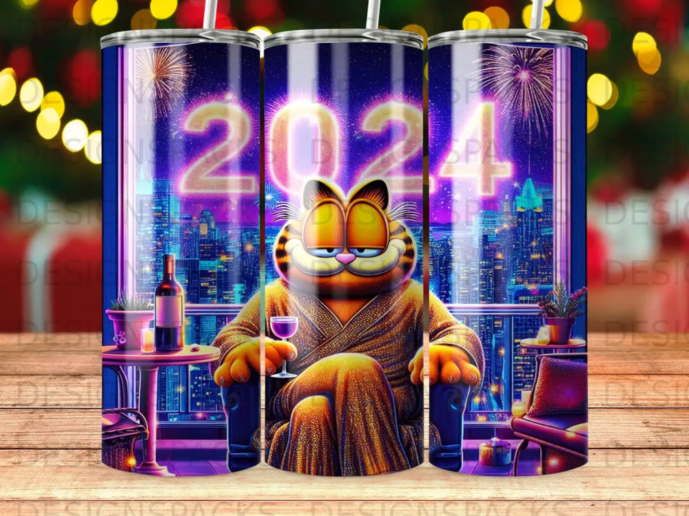 Garfield in a robe with wine celebrating 2024 on a balcony.