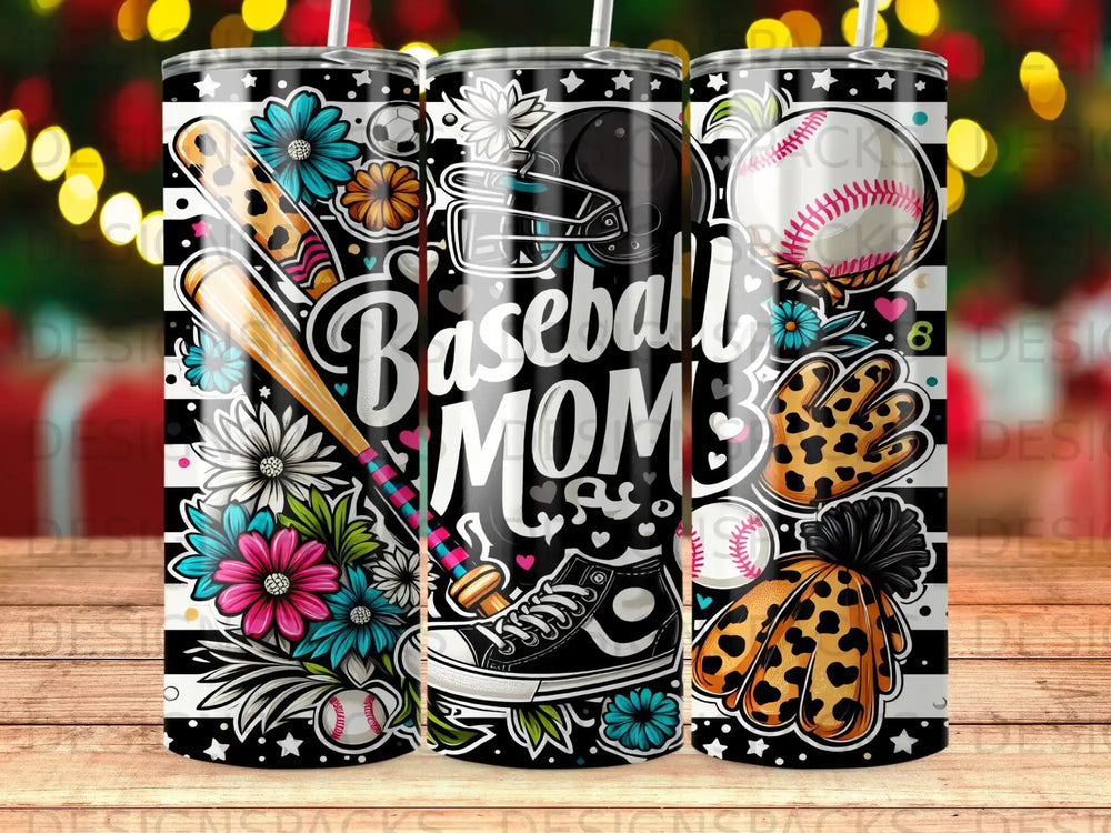 Baseball Mom tumbler design with baseballs, bats, flowers, and leopard print accents.