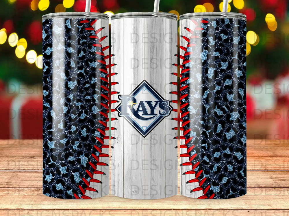 Baseball-themed tumbler with blue leopard print, red stitching, and Rays logo.
