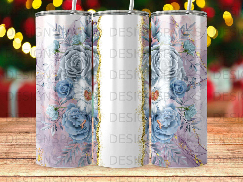 Blue and white floral pattern with gold accents on a tumbler.