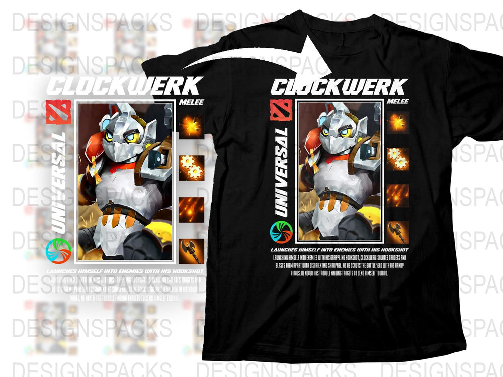 Clockwerk Universal Melee T-Shirt, Gamer Apparel, Cool Robot Graphics, Unisex Black Tee