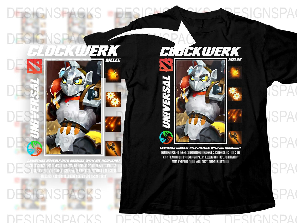 Clockwerk Universal Melee T-Shirt, Gamer Apparel, Cool Robot Graphics, Unisex Black Tee