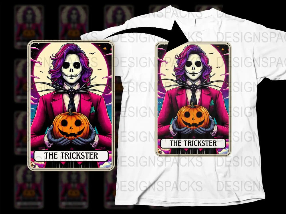 Gothic Halloween Tarot Card T-Shirt, Trickster Skeleton with Pumpkin, Spooky Graphic Tee, Unisex