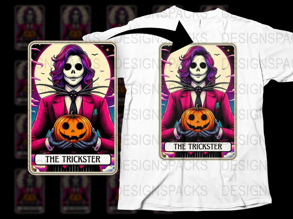 Gothic Halloween Tarot Card T-Shirt, Trickster Skeleton with Pumpkin, Spooky Graphic Tee, Unisex