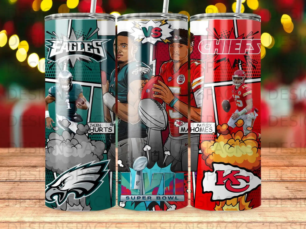 Super Bowl LVII tumbler featuring Jalen Hurts and Patrick Mahomes.