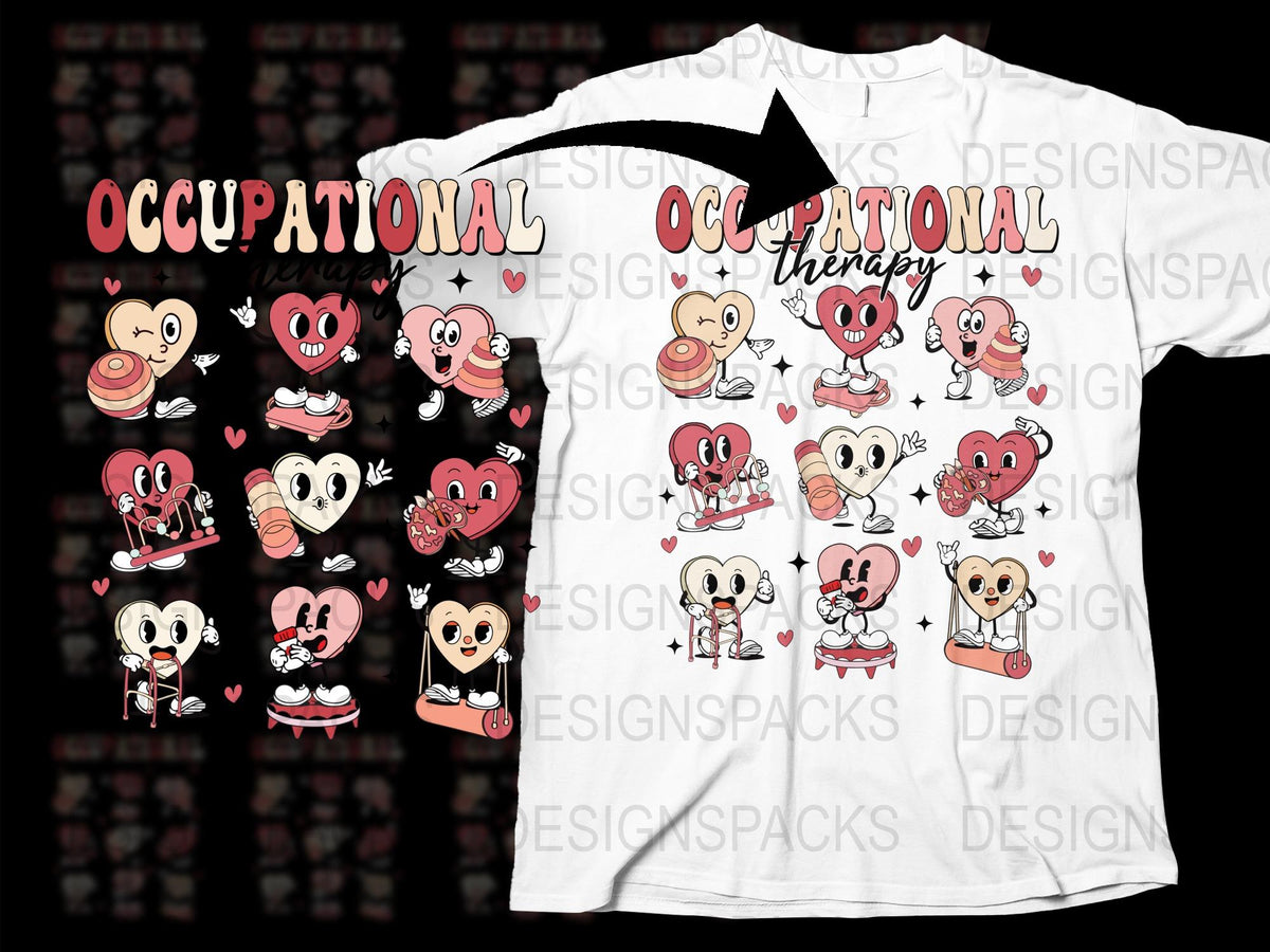 Occupational Therapy Theme T-Shirt, Cute Heart Characters, Health Profession Apparel