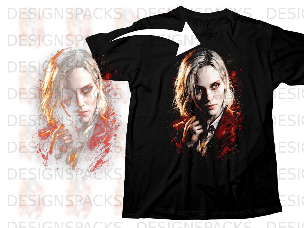 Black t-shirt with graphic of a woman with blonde hair and red paint splatters.