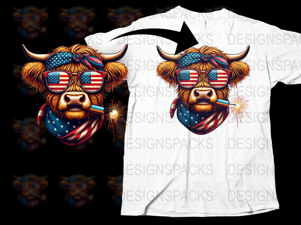 Patriotic Highland Cow T-Shirt, USA Flag Sunglasses, Firework Graphic Tee, Cool Summer Apparel