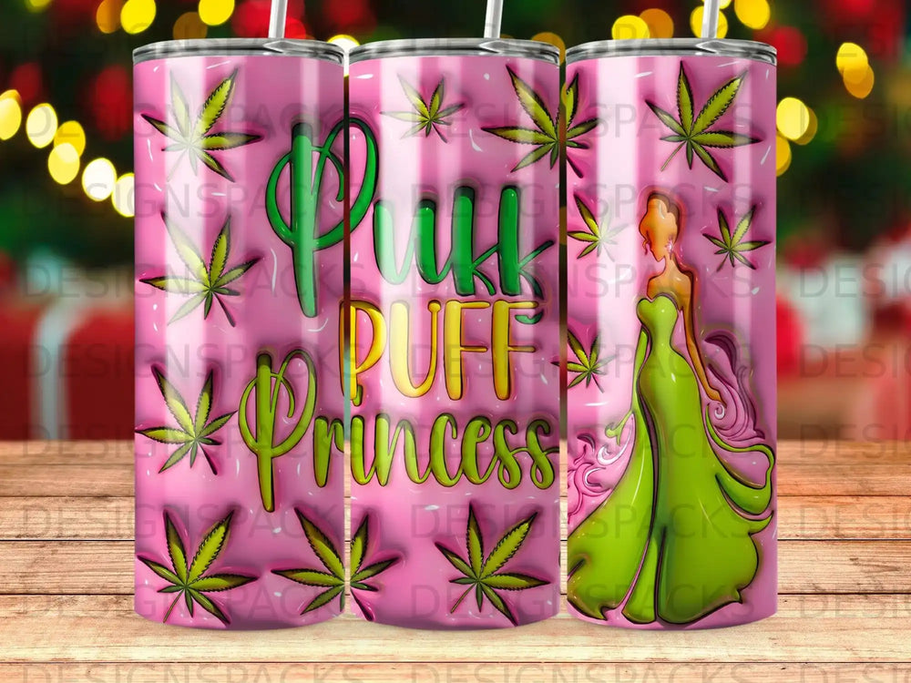 Pink Puff Princess cannabis leaf design tumbler with green princess illustration.