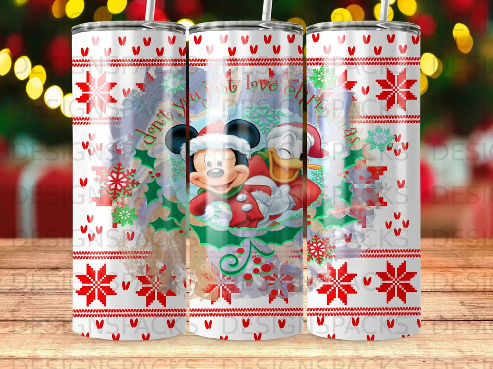 Mickey and Donald wearing Santa hats in a Christmas wreath, "don't you just love Christmas" text.