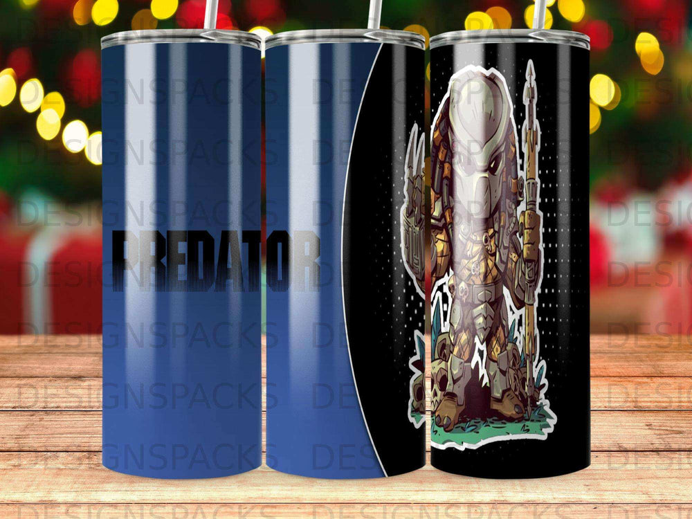 Predator tumbler with character art and repeating "DESIGNSPACKS" watermark.