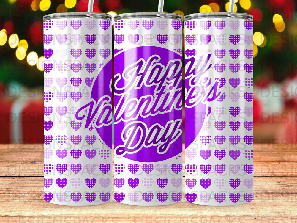 Purple and white heart pattern tumbler with "Happy Valentine's Day" text.