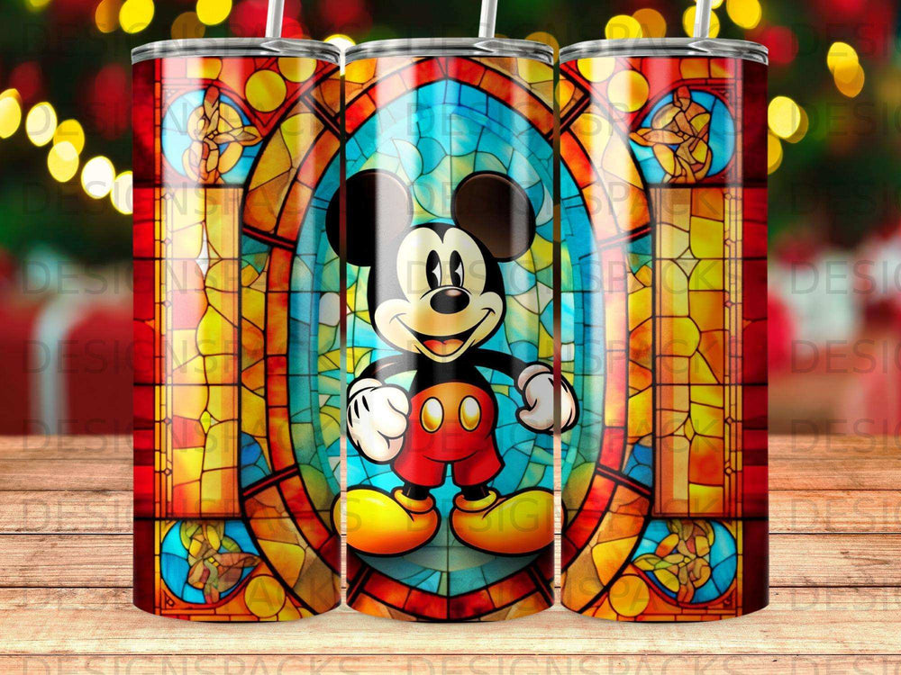 Mickey Mouse in front of stained glass window.