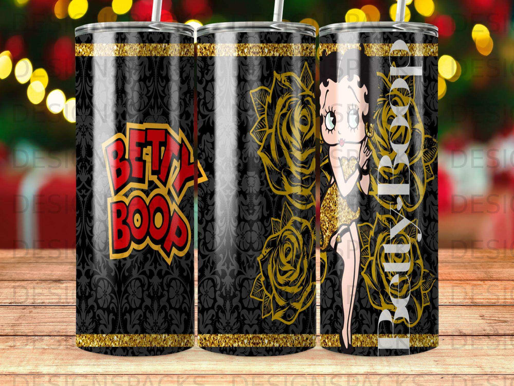 Betty Boop pattern on a black and gold tumbler with floral accents.