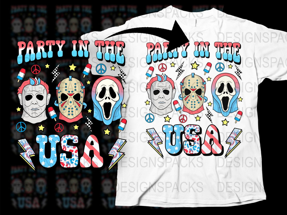 Party in the USA Themed T-Shirt, Colorful Skulls, Stars, Festive Graphic Tee Design for Celebration.