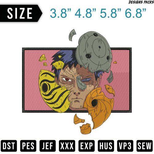 Embroidered patch design of Tobi from Naruto with size options.