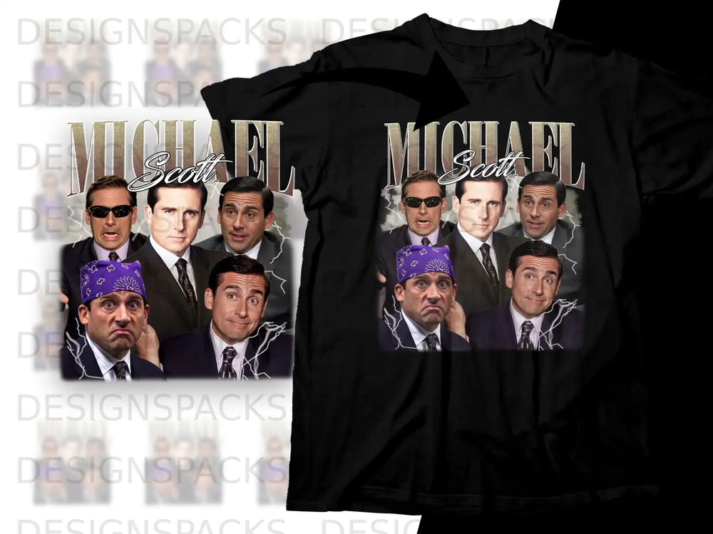 Michael Scott collage with multiple expressions on a black t-shirt.