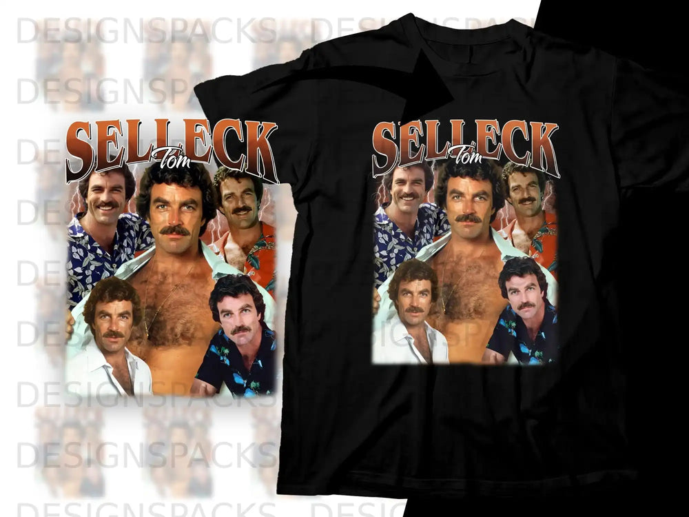 T-shirt graphic featuring Tom Selleck in multiple poses with "Tom Selleck" text.