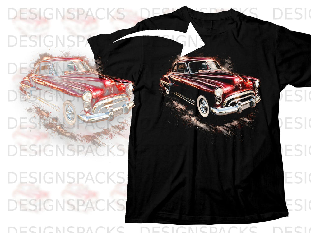 Black t-shirt with a graphic of a red vintage car with abstract, fiery effects.