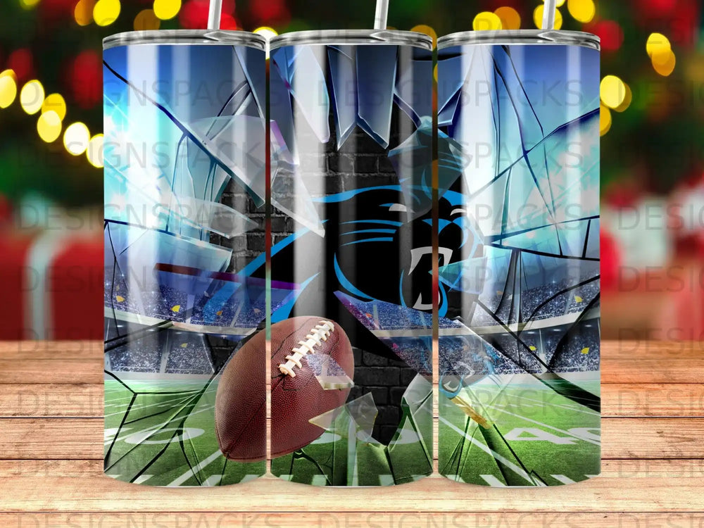 Carolina Panthers logo on shattered glass with football and stadium background.