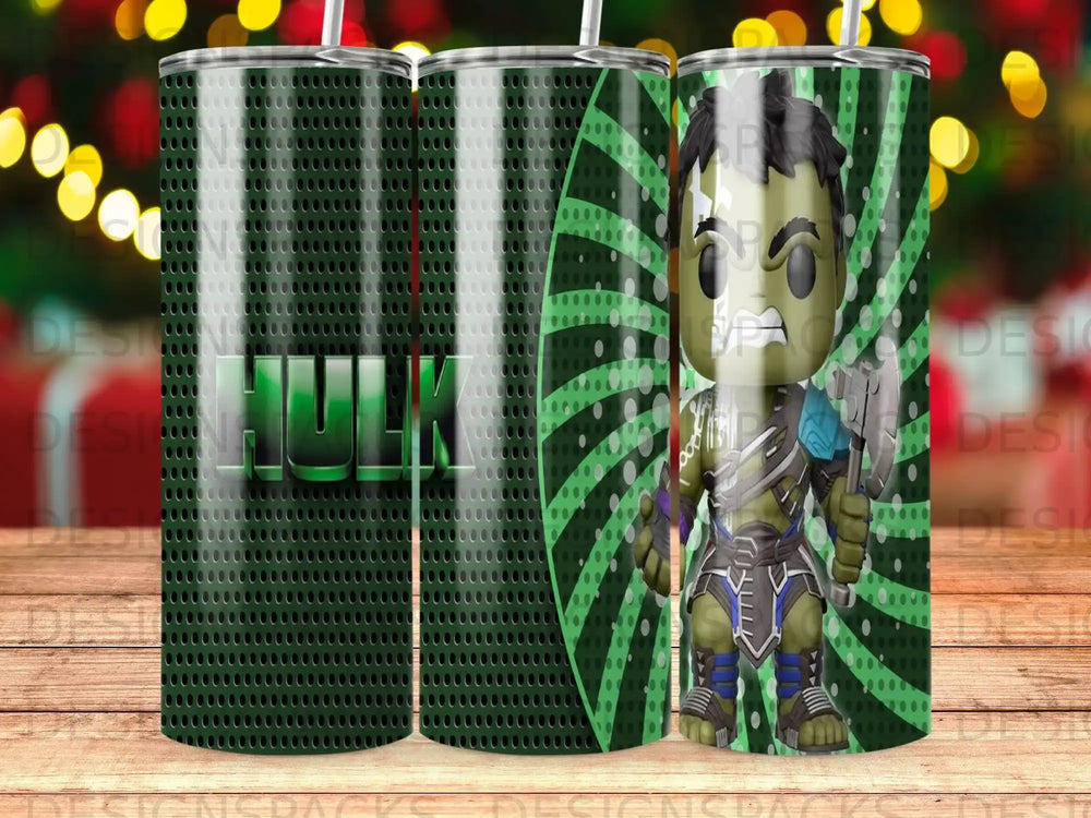 Hulk character graphic on green and black textured tumbler.