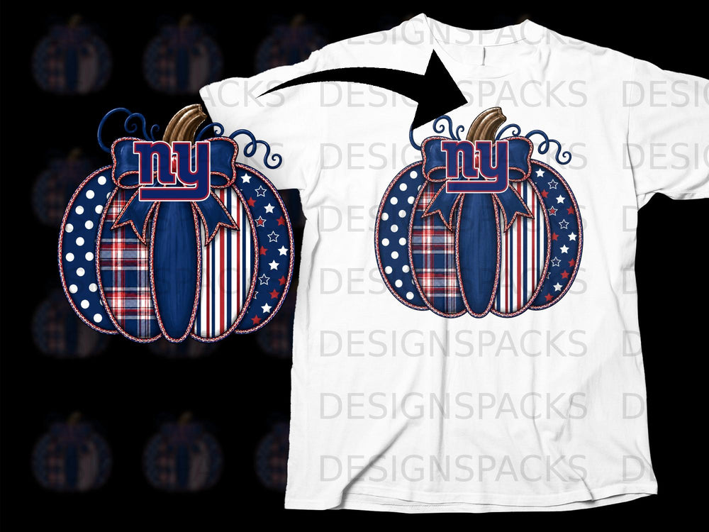 NY Giants themed pumpkin with plaid, polka dot, and striped patterns.