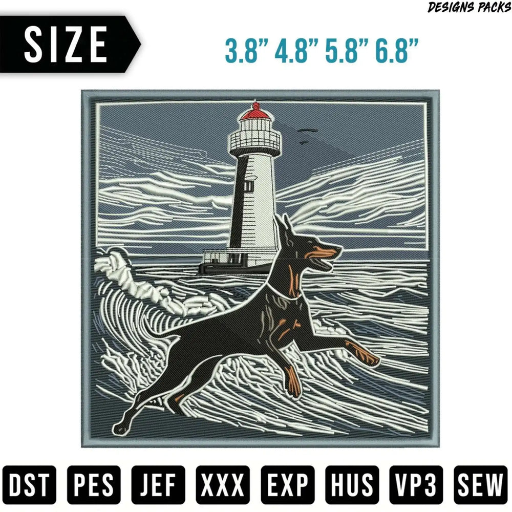 Doberman Pinscher in front of a lighthouse with wave pattern, with size and file format options.