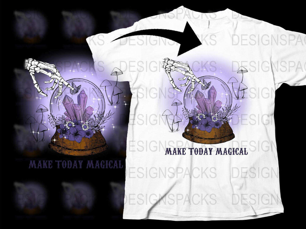 Magical Crystal T-Shirt, Mystical Purple Floral Design, Skeleton Hands Graphic Tee, Unique Fantasy Apparel