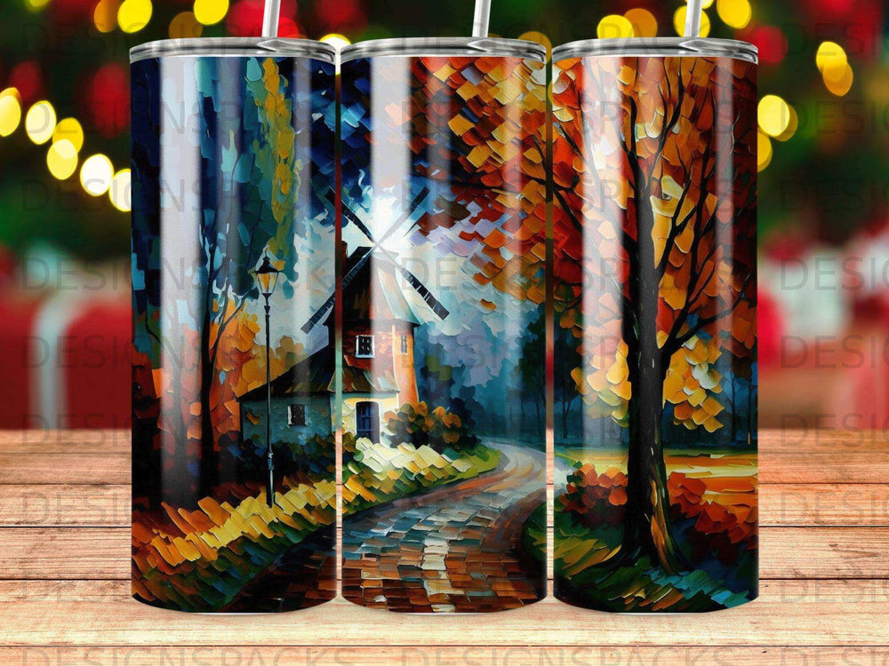 Autumn scene with windmill, tree, and cobblestone path, painted in vibrant colors.