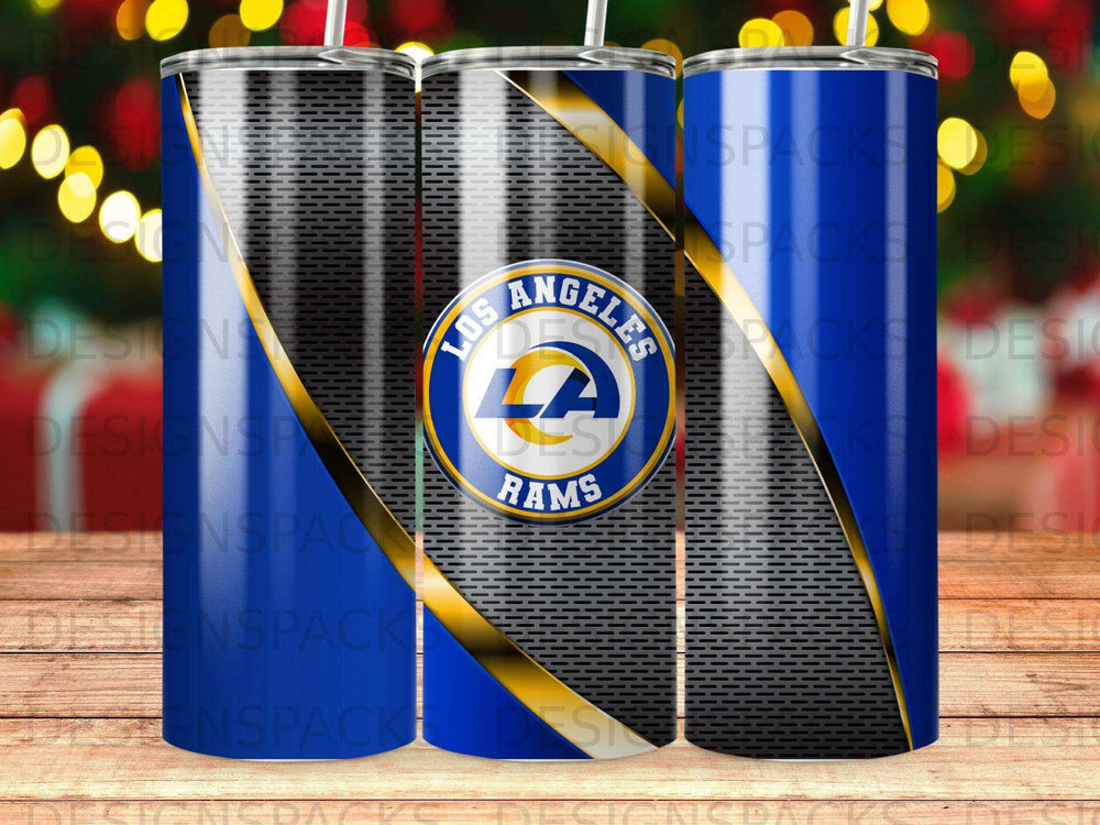 Los Angeles Rams logo on a blue and black patterned tumbler.