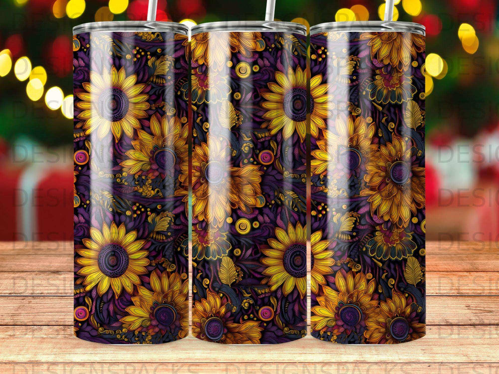 Pattern of sunflowers and paisley in purple and gold on a tumbler.