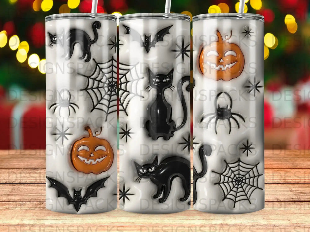 Halloween tumbler with cats, bats, spiders, and pumpkins.