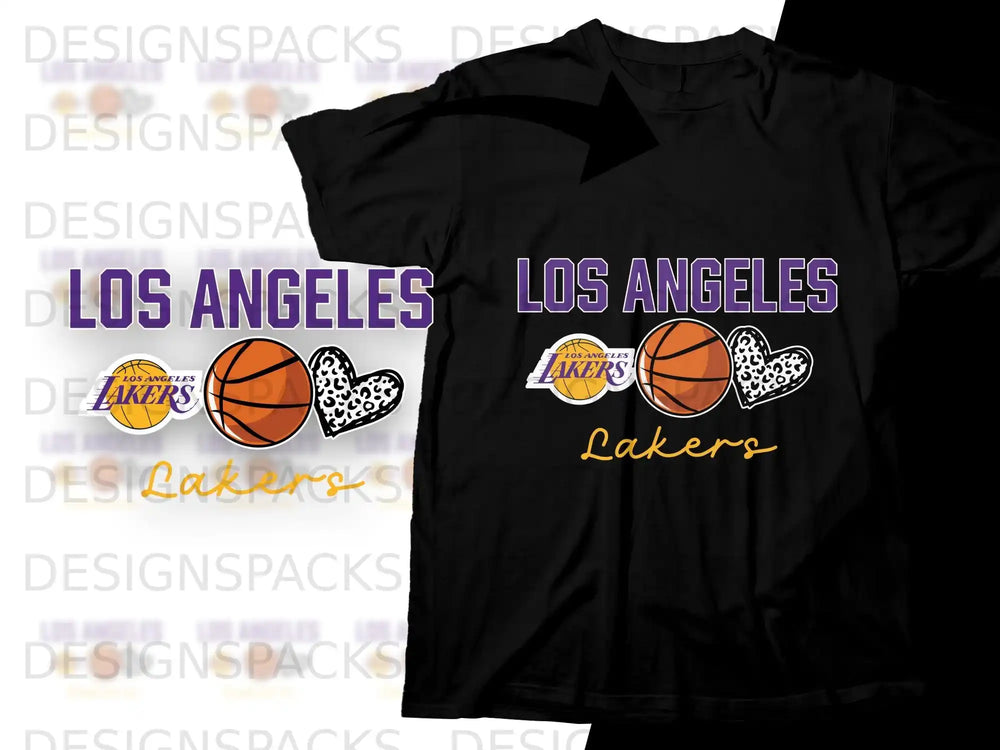 Black t-shirt with "Los Angeles Lakers" text and basketball and heart graphics.