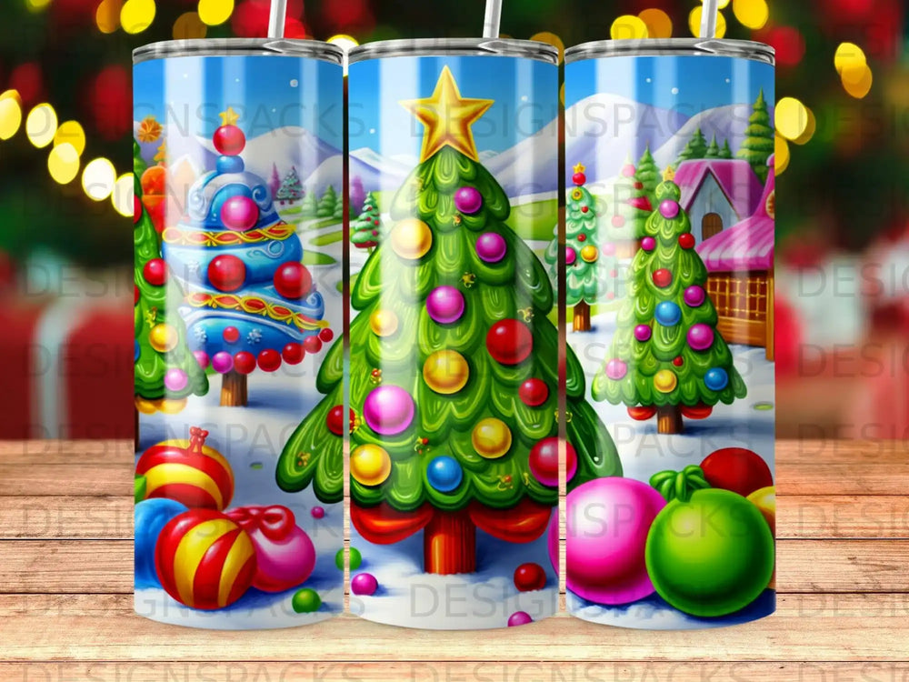 Christmas trees with ornaments and presents, against a snowy village backdrop.