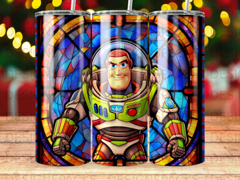 Buzz Lightyear character in stained glass pattern on a tumbler.