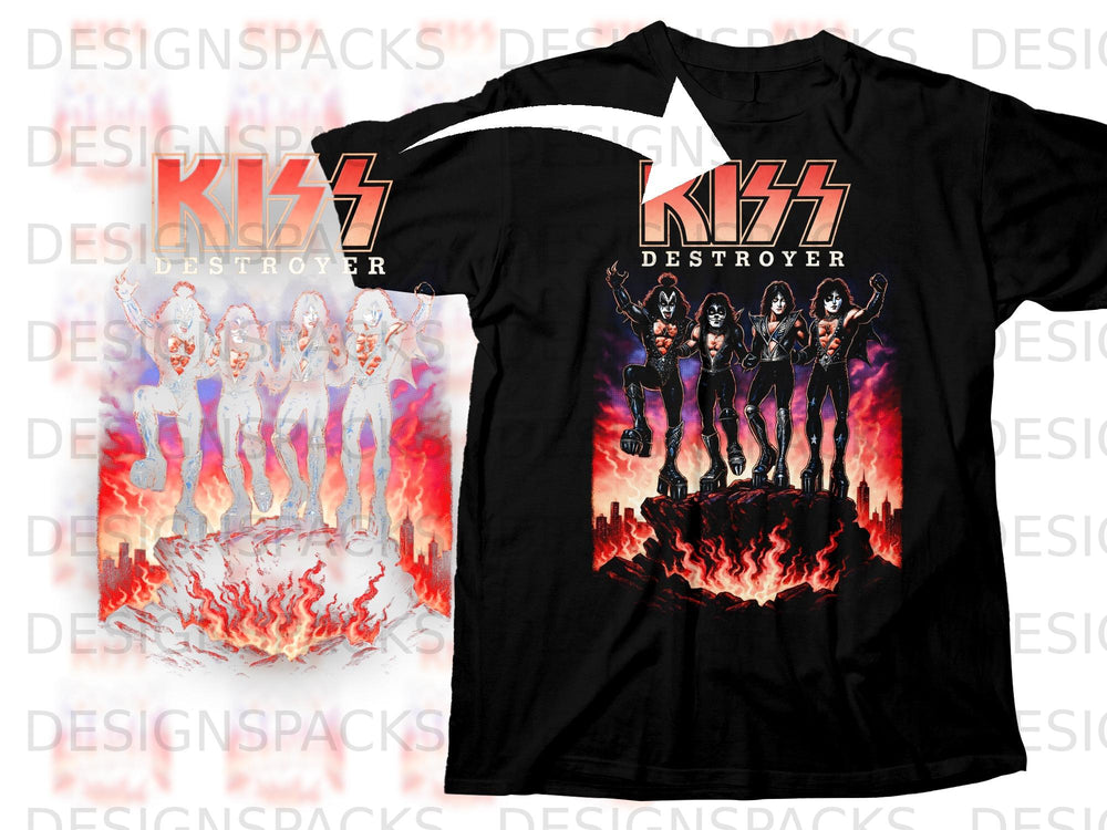 Black t-shirt with Kiss Destroyer album art featuring band members over flames.