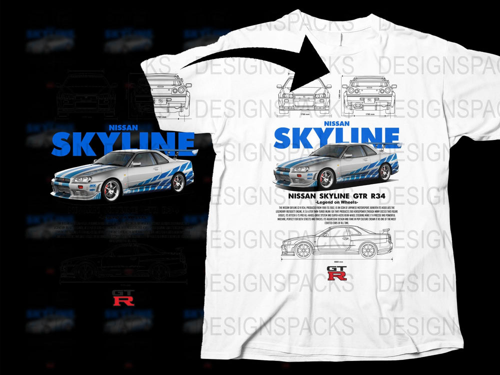 Nissan Skyline GTR R34 T-Shirt, Legendary JDM Car Print, Automotive Enthusiast Gift, High-Quality Cotton Tee