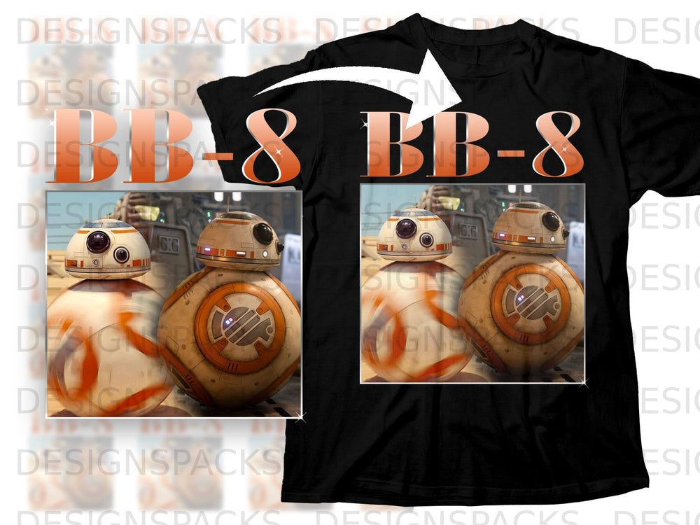 Black t-shirt with "BB-8" in orange and two images of the droid BB-8.