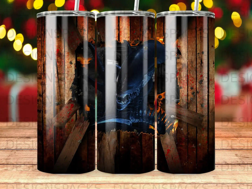 Alien creature emerging from a wooden plank wall, glowing eyes.