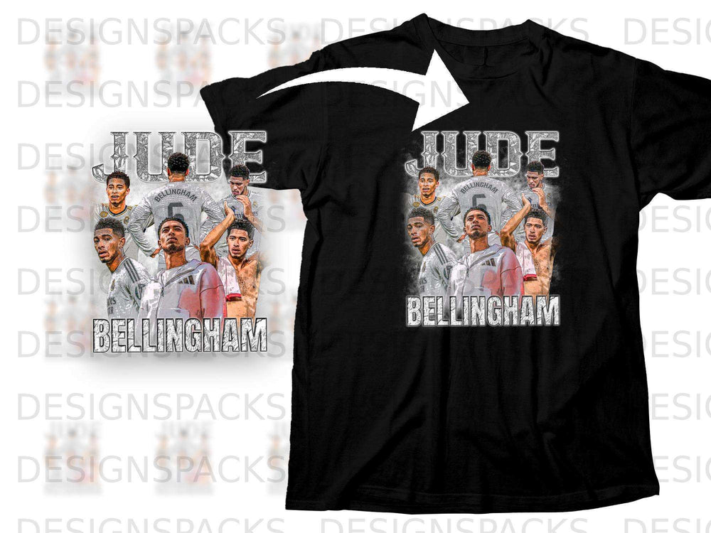 Black t-shirt with collage of Jude Bellingham's images and name.