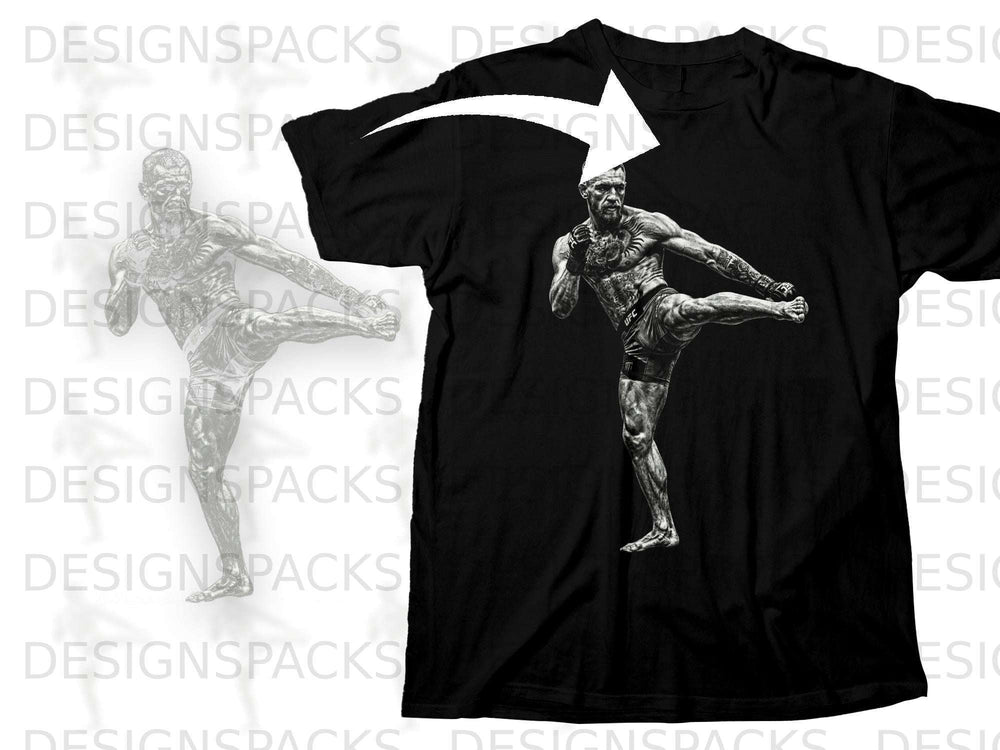 Black t-shirt with a black and white graphic of a fighter kicking.