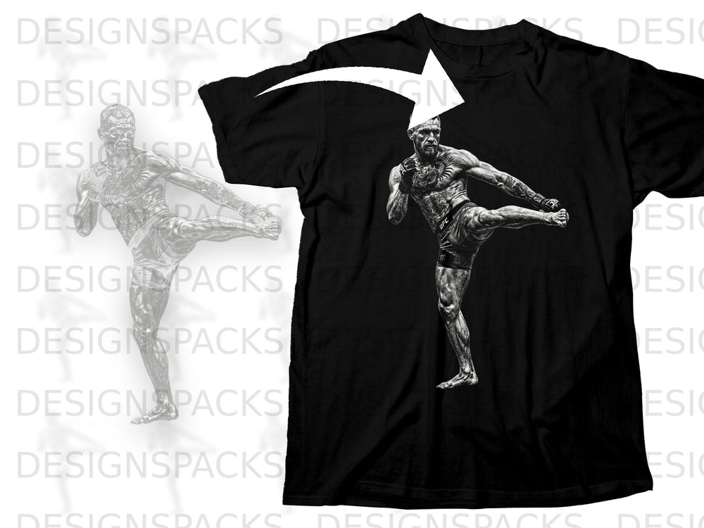 Black t-shirt with a black and white graphic of a fighter kicking.