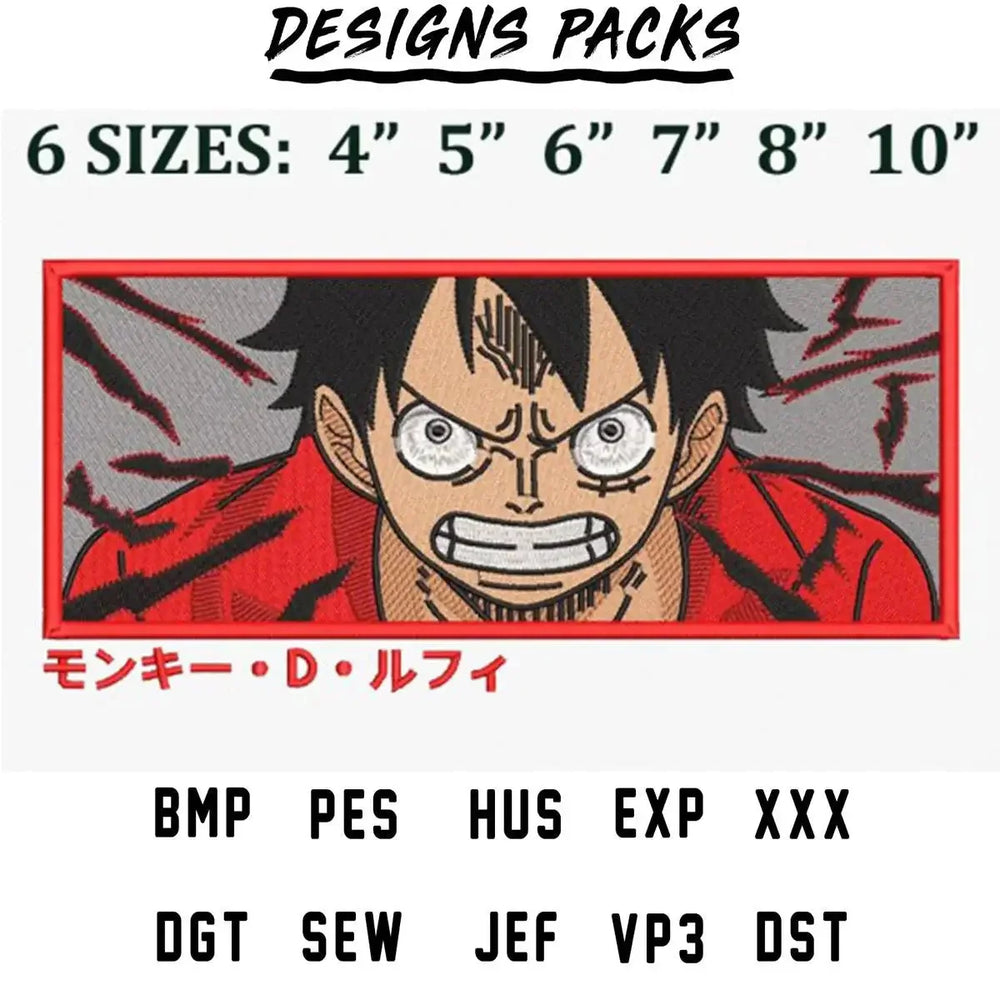 One Piece Rectangle Angry Luffy Anime Embroidery Design