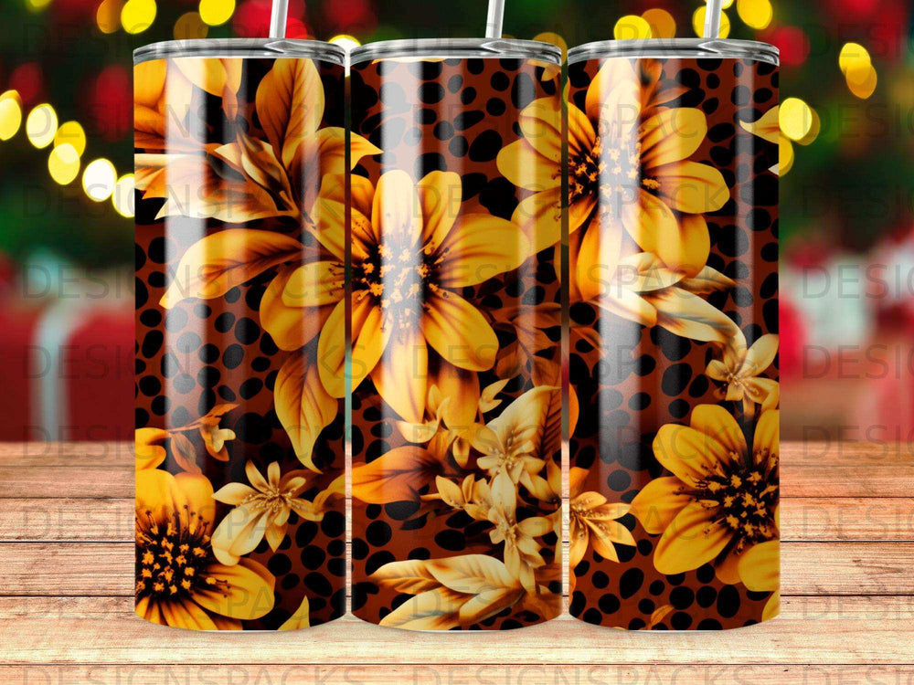 Leopard print tumbler with large yellow and brown floral design.