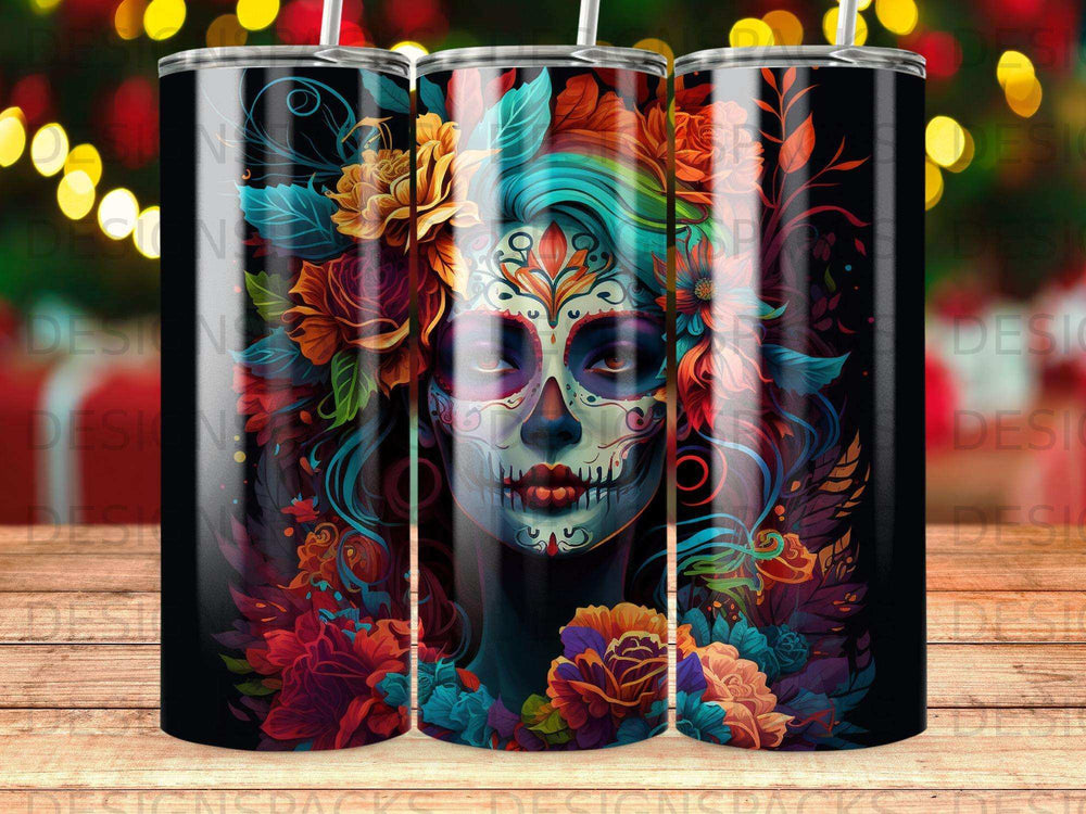 Sugar skull woman with colorful flowers on a black tumbler.