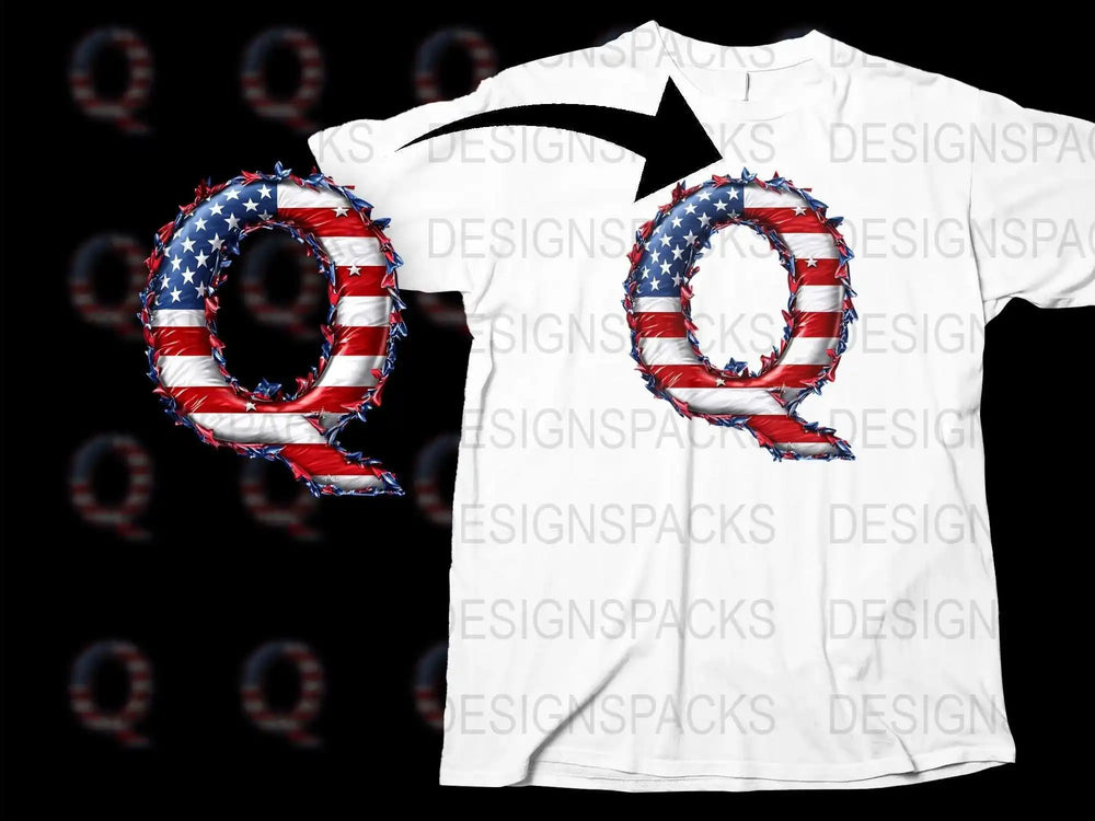 Patriotic Q Letter T-Shirt, American Flag Print, Unisex USA Flag Alphabet Tee